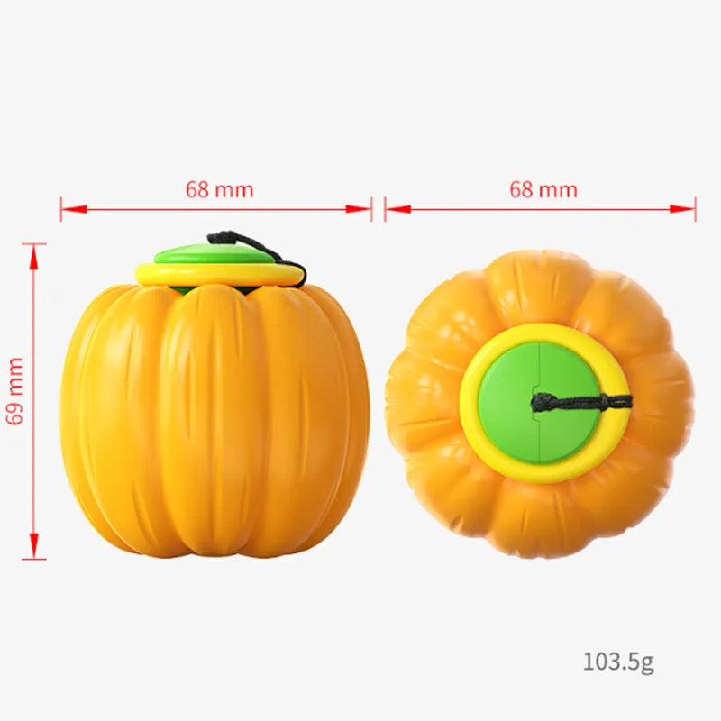 Green, orange, and yellow plastic pumpkin-shaped dog ball with squeaker for small dogs.