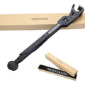 Black reinforced nylon folding laptop stand in open and closed positions