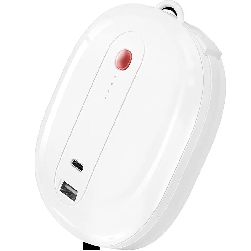 White and black square power bank with plug socket, showing 10000mAh capacity and compact size.