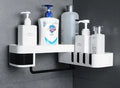 White corner shelf with suction cup mounting for bathroom or kitchen wall storage