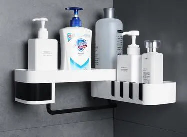 White corner shelf with suction cup mounting for bathroom or kitchen wall storage