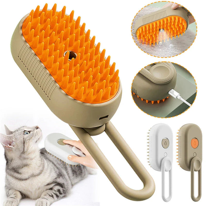 Versatile pet grooming brush with steam and spray function, made with premium ABS and silicone materials for gentle and effective pet hair care