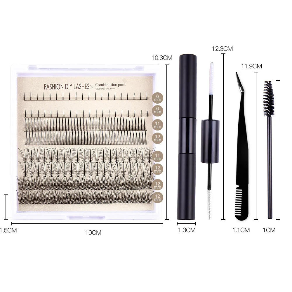 False eyelash kit with natural segmented clusters, adhesive tubes, tweezers and brushes on pink background