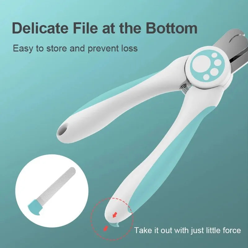 Blue and white pet nail clippers with safety lock for dog and cat grooming