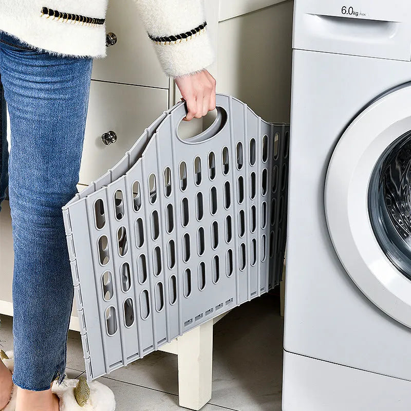 Plastic folding dirty laundry basket in mesh PP material, available in blue, grey, pink