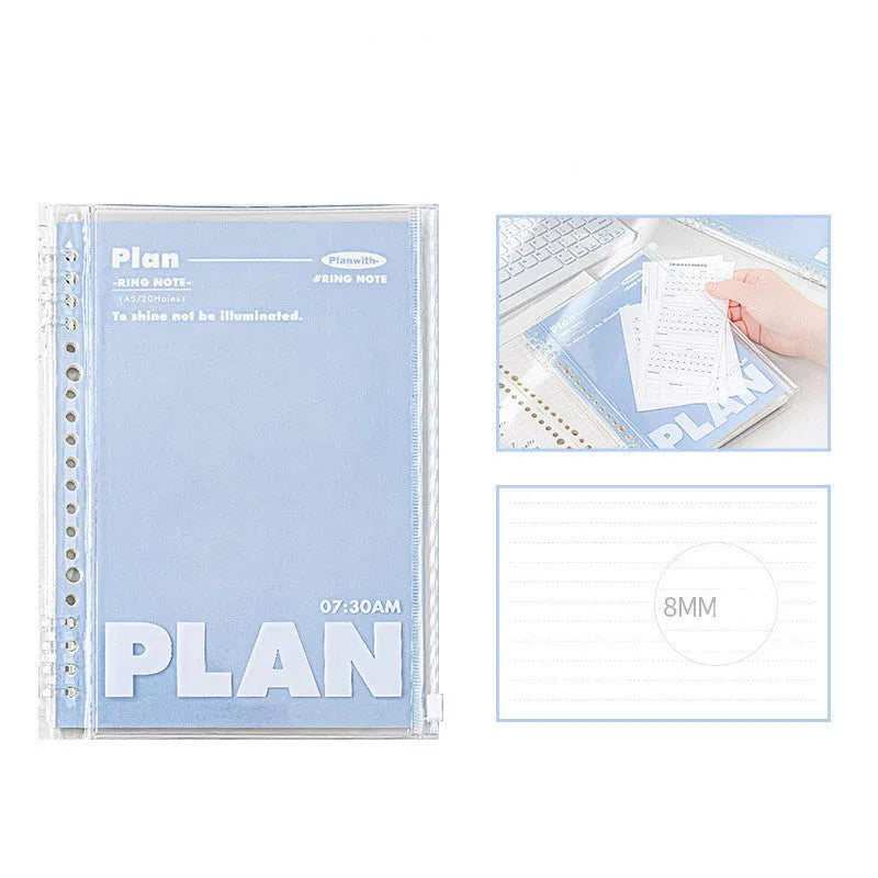Transparent A5 PVC loose cover for spiral notebooks, shown in blue and white colour options.
