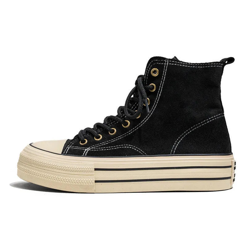 Solid colour canvas platform shoes for men and women in black, with vulcanised rubber sole and mesh lining
