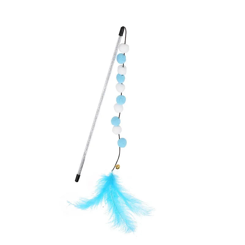 31cm long cat teaser rod with coloured acrylic pompons, feathers and bell attachment