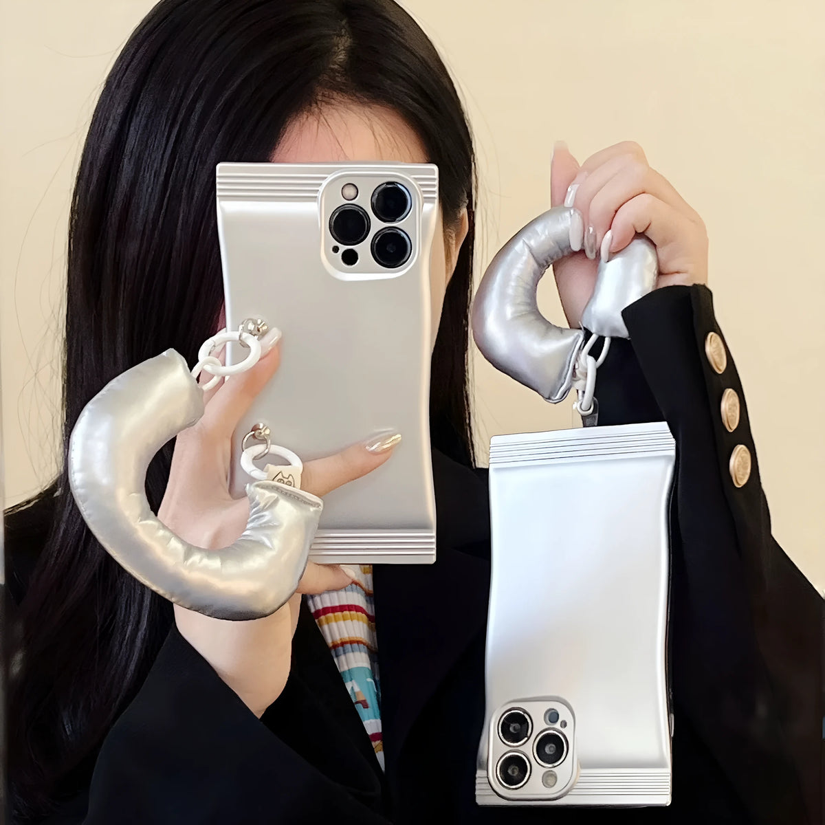 Electroplated silver TPU phone case for iPhone 14 and 13 with chain option