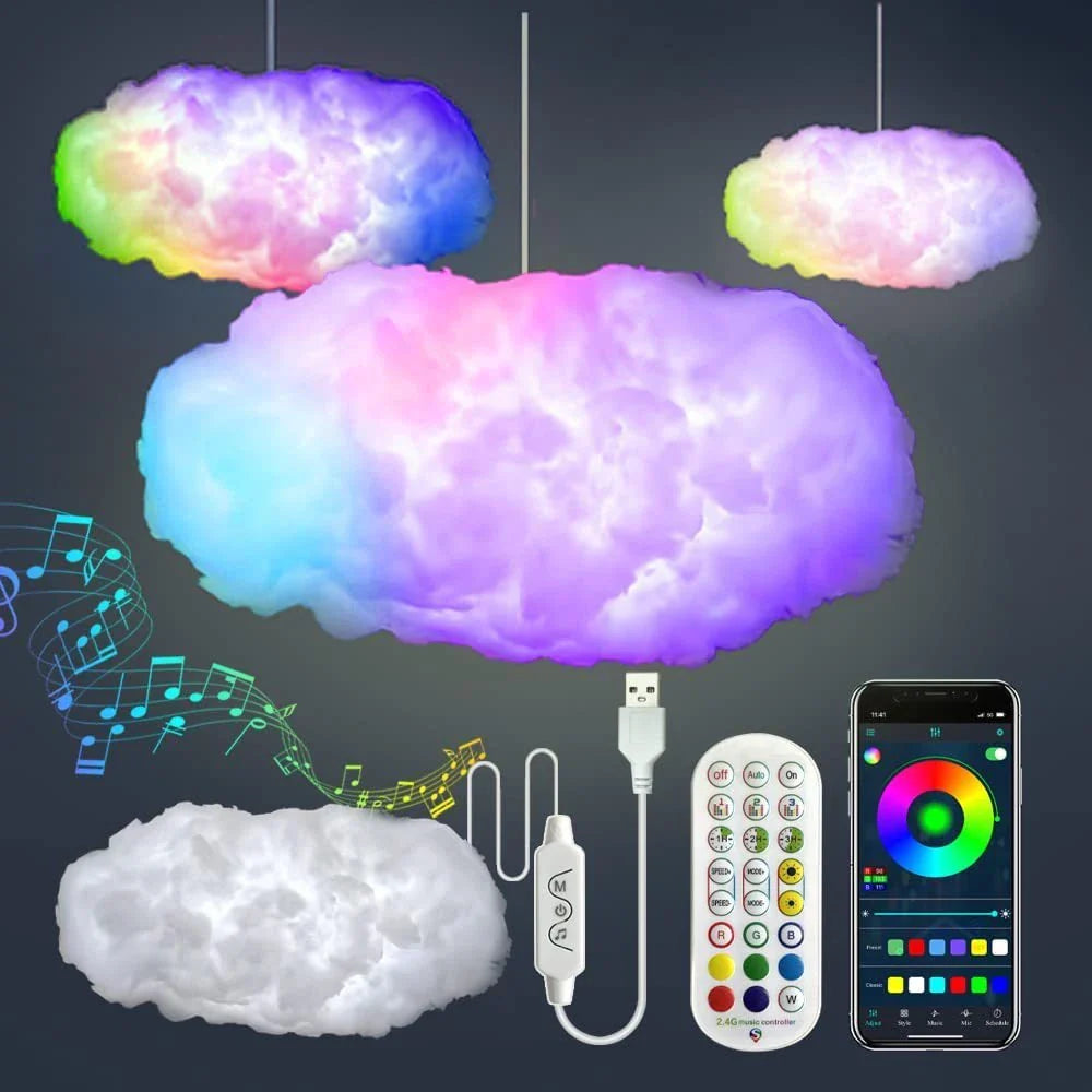 A large, fluffy cotton cloud-shaped ambient light with color-changing LED lights and lightning simulation effects