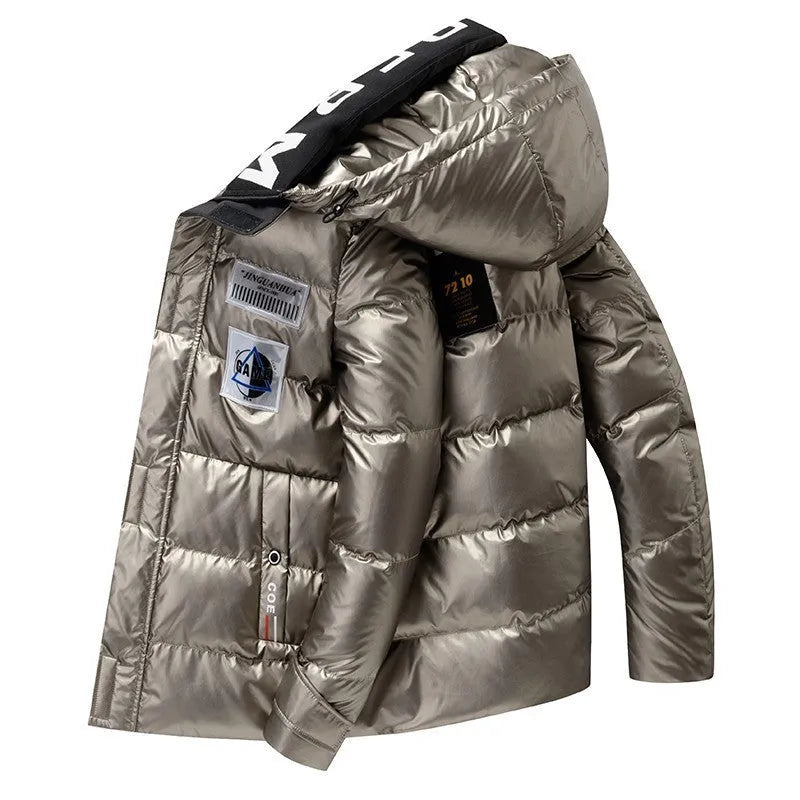 Men's black padded jacket with zip front and zippered pockets on solid background