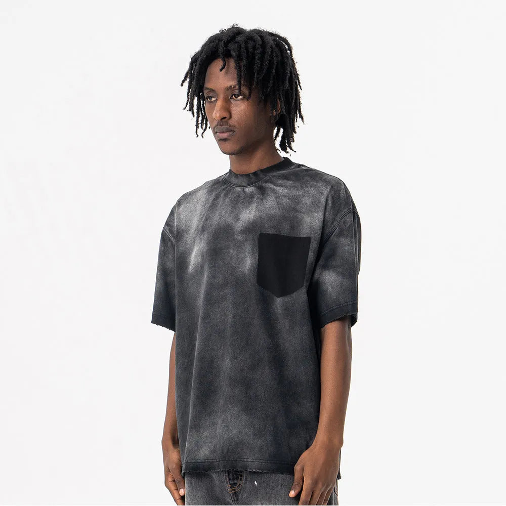 Men's black loose fit cotton t-shirt with letter pattern print and drop shoulder sleeves