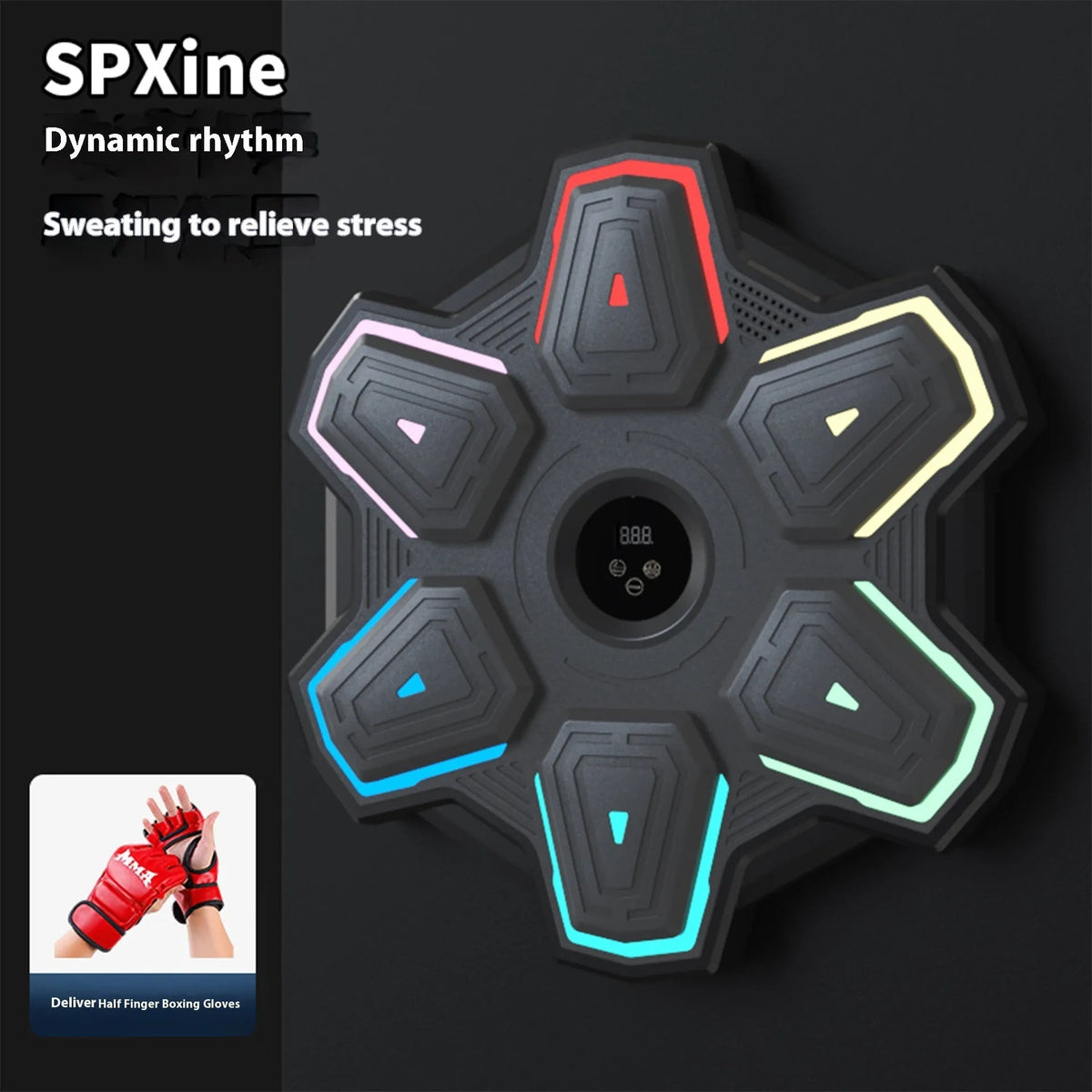 Black hanging music boxing machine with six targets, seven-colour light, USB power and optional gloves