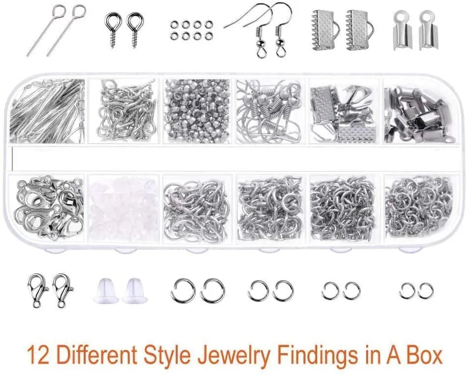 Open jewellery making repair kit with metal beads, copper wire, thread threaders, and pliers in a 23x13x8cm box