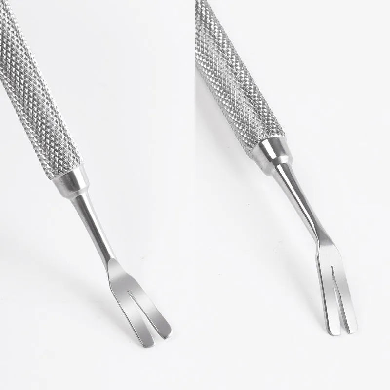 Close-up of silver stainless steel tick removal tweezers with fine pointed tip.