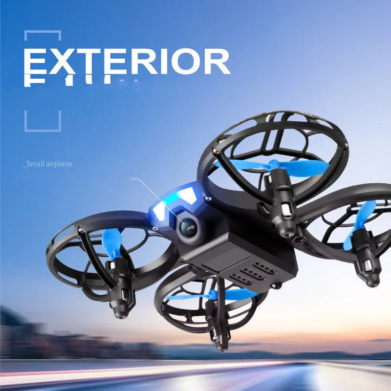 Blue V8 mini RC drone quadcopter with camera, remote control, and charging accessories