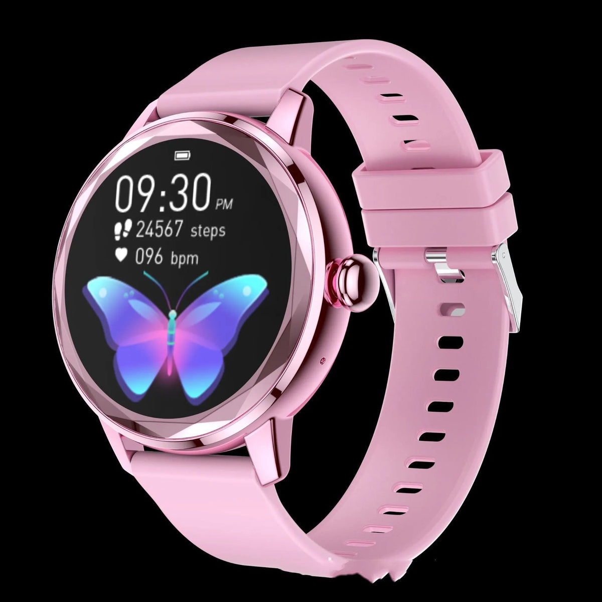 Ladies smart watch in rose red showing heart rate and blood oxygen monitoring on TFT screen