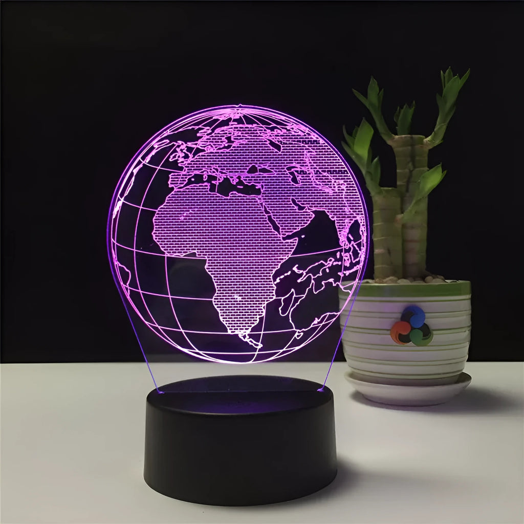 USB 3D Earth globe night light with black ABS base, acrylic plate, and USB cable, showing seven colour RGB illumination.