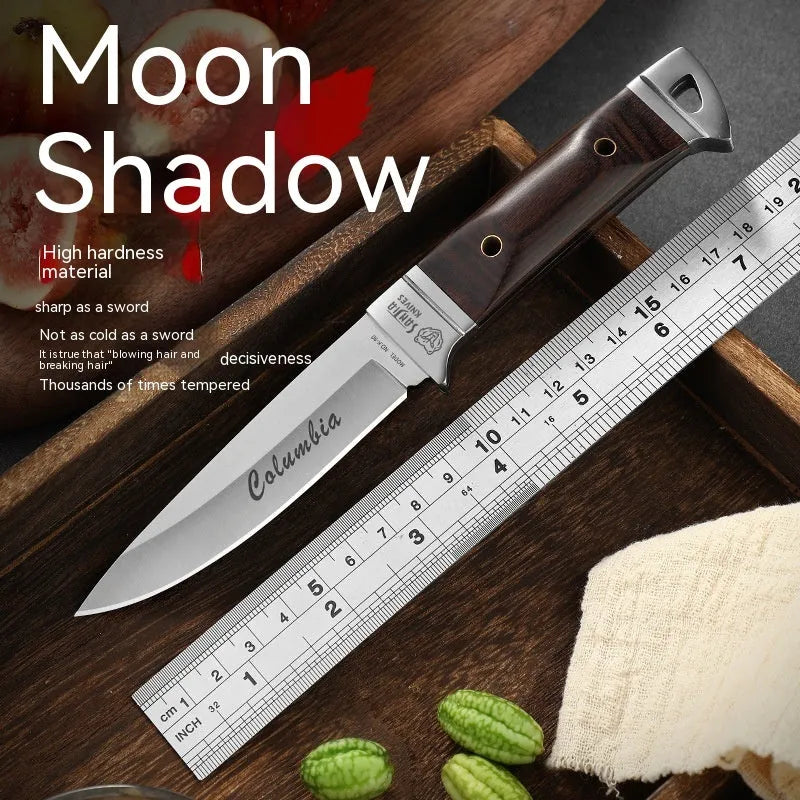 National style stainless steel camping fruit knife shown with its leather protective case.
