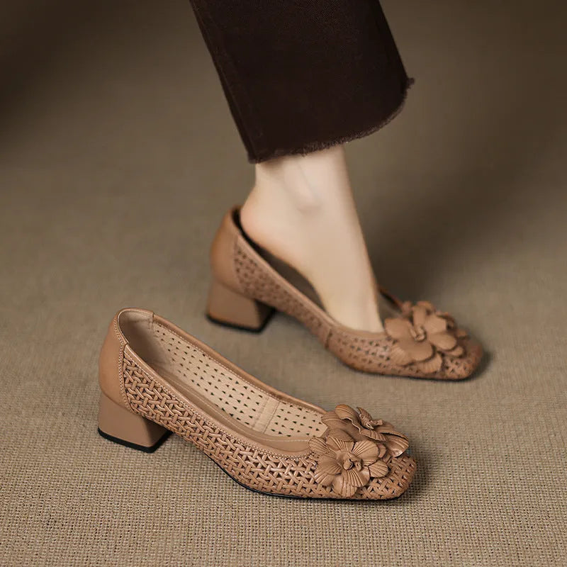 Women's light brown leather pumps with woven texture and hollow cut-out design on mid-height beef tendon soles