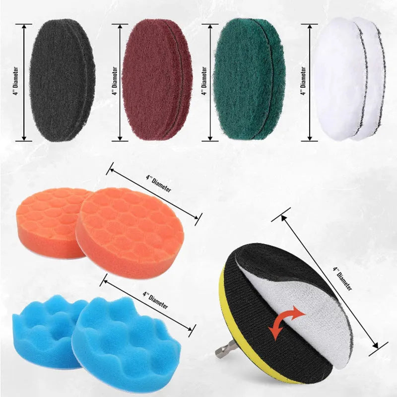 26-piece electric drill brush head set in red and blue for car cleaning on a black background