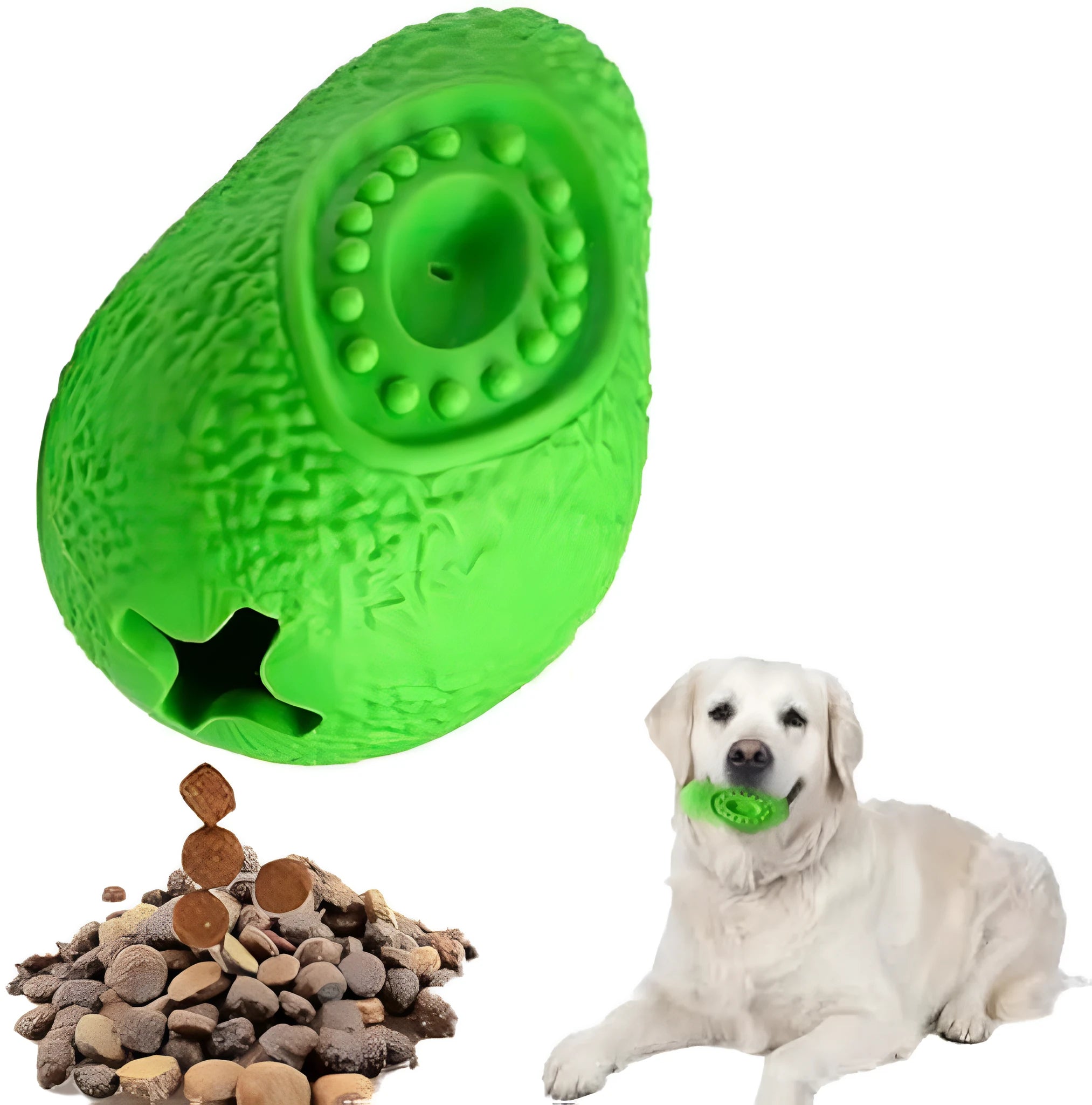 Green avocado-shaped natural rubber dog chew toy for aggressive chewers and dental cleaning.