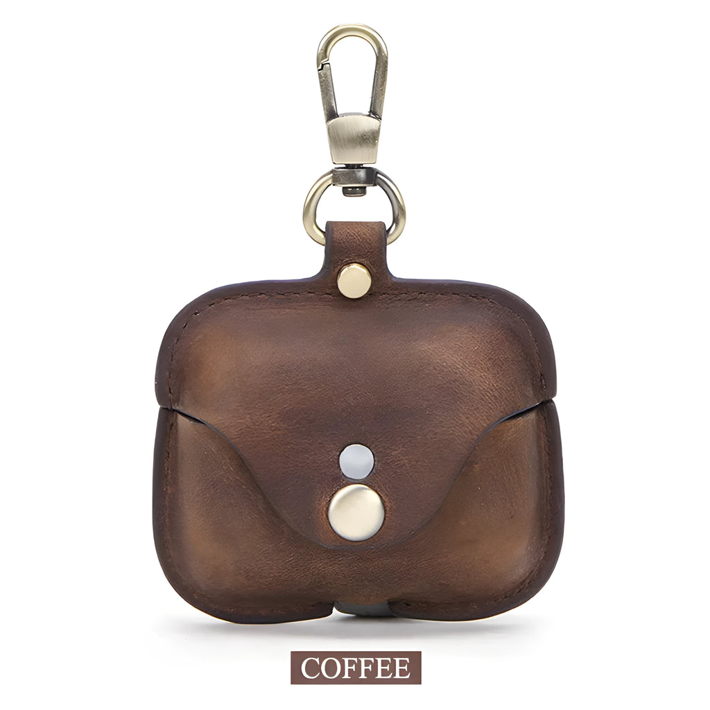 Brown leather AirPods Pro clamshell cover with vintage crazy horse pattern texture
