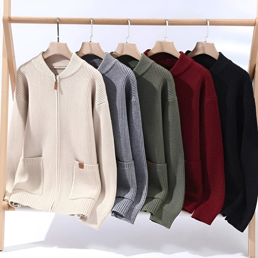 Men's striped sweater cardigan jacket in chemical fibre blend fabric shown in straight cut styling