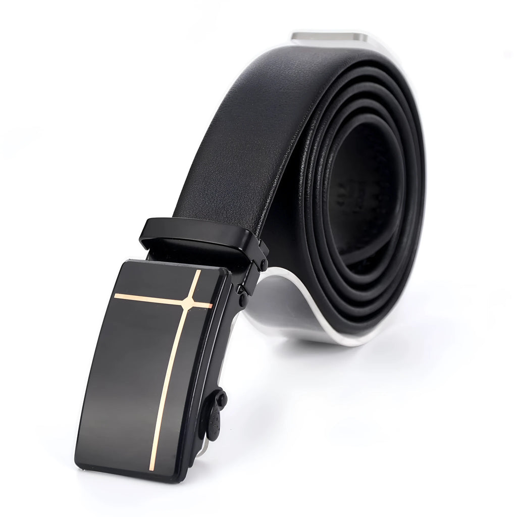 Men's automatic buckle belt with iron mirror acrylic buckle, imitation leather strap, patent leather finish