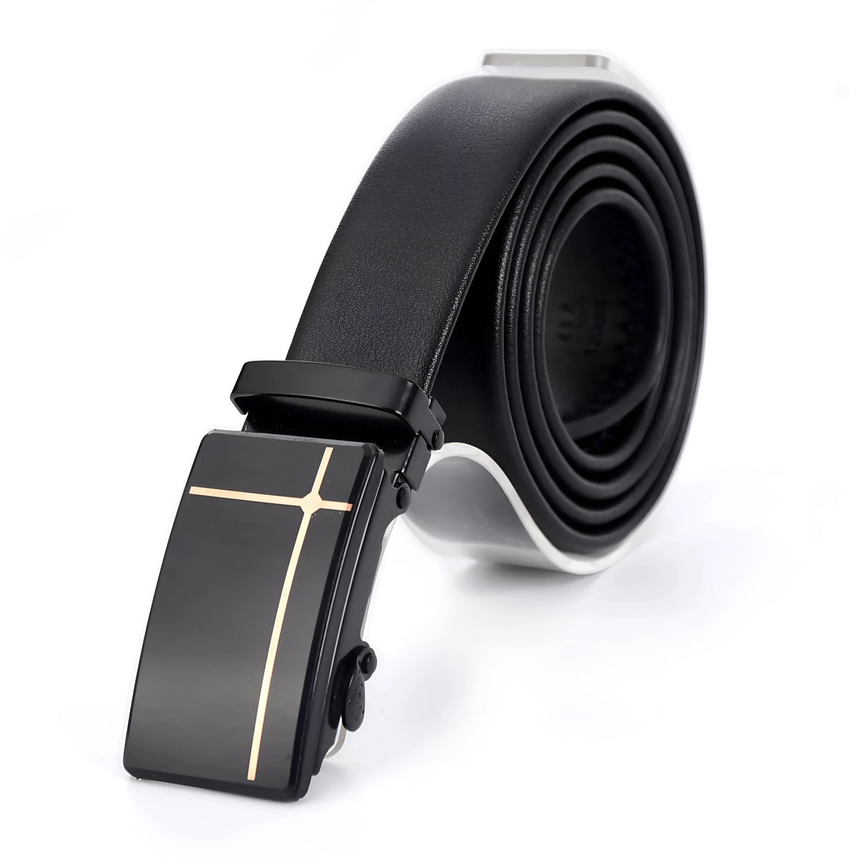 Men's automatic buckle belt with iron mirror acrylic buckle, imitation leather strap, patent leather finish