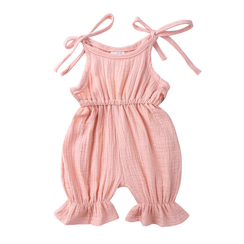Sleeveless solid cotton romper jumpsuit for baby girls, available in multiple colours and sizes 70 to 110