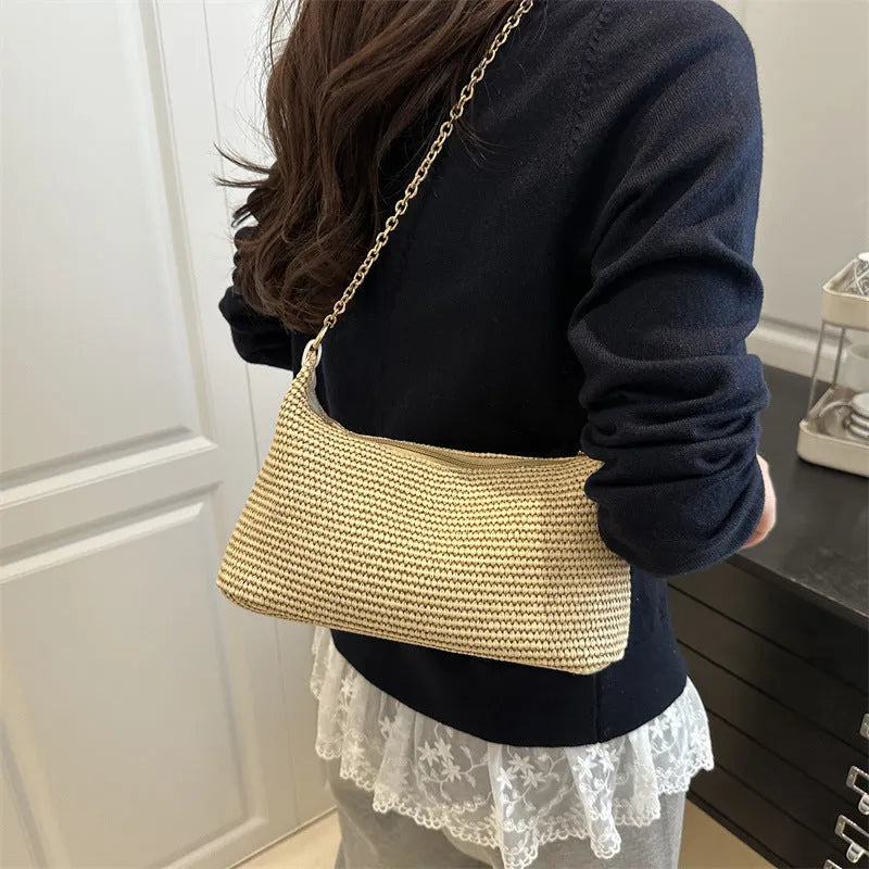 Horizontal square straw woven beach tote bag with sandwich pocket and internal phone compartment