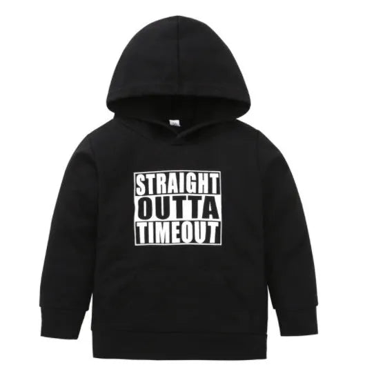 Boys' black hooded sweater with white letter pattern, long sleeves, and pullover style