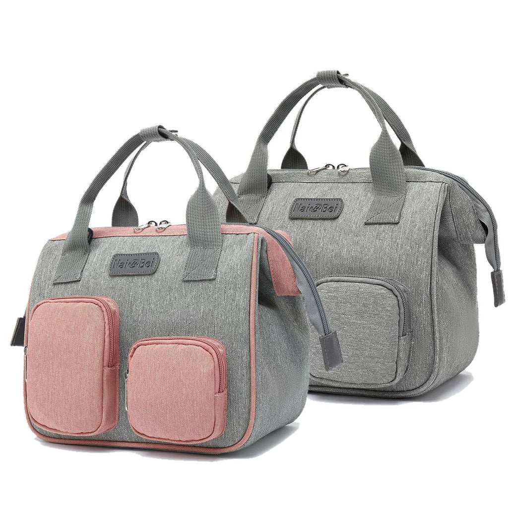 Large grey women's handbag made from Oxford cloth with an external pocket.