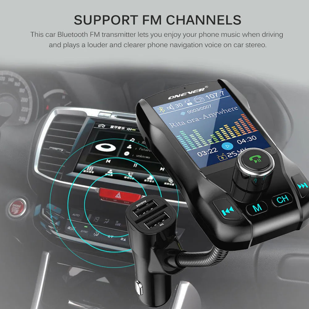 Black car Bluetooth FM transmitter with colour screen and dual USB ports plugged into a car dashboard