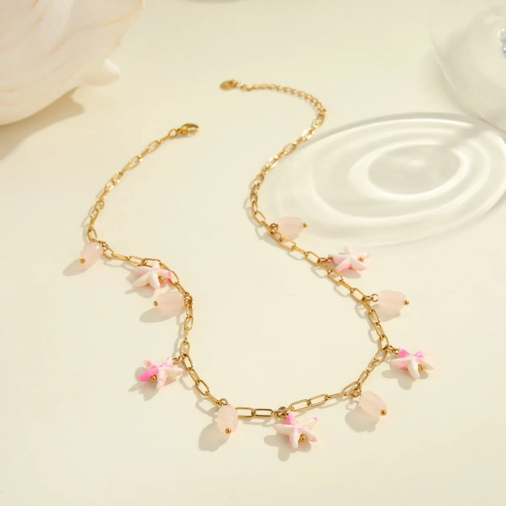 Stainless steel starfish necklace and bracelet set with electroplated 18K finish in blue, green, or pink
