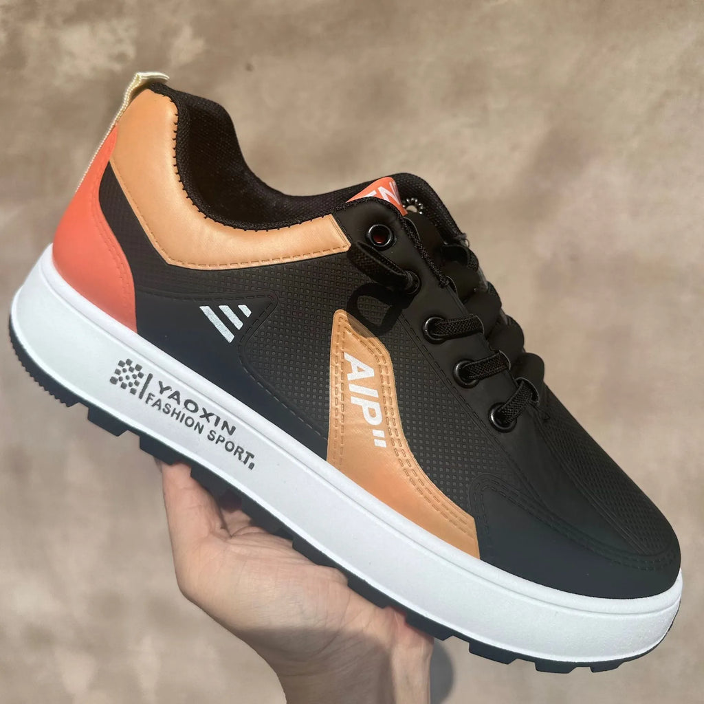 Men's solid colour casual shoes with round toe and artificial PU uppers in white/orange, black, and brown.