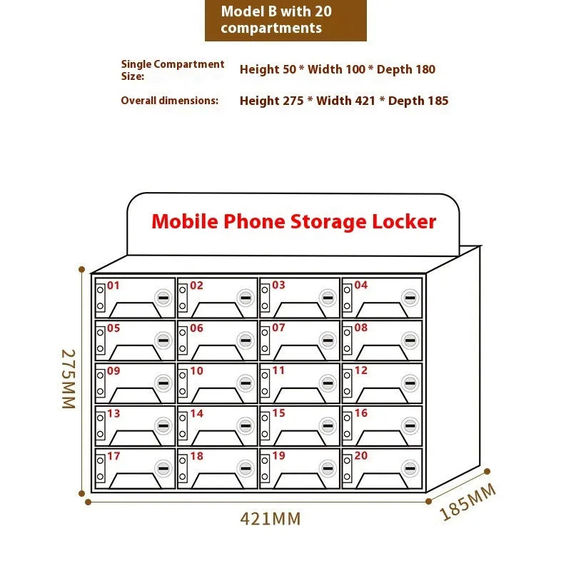 Transparent acrylic mobile phone storage cabinet with charging hole, small grid 10x5x18cm, for office desk use