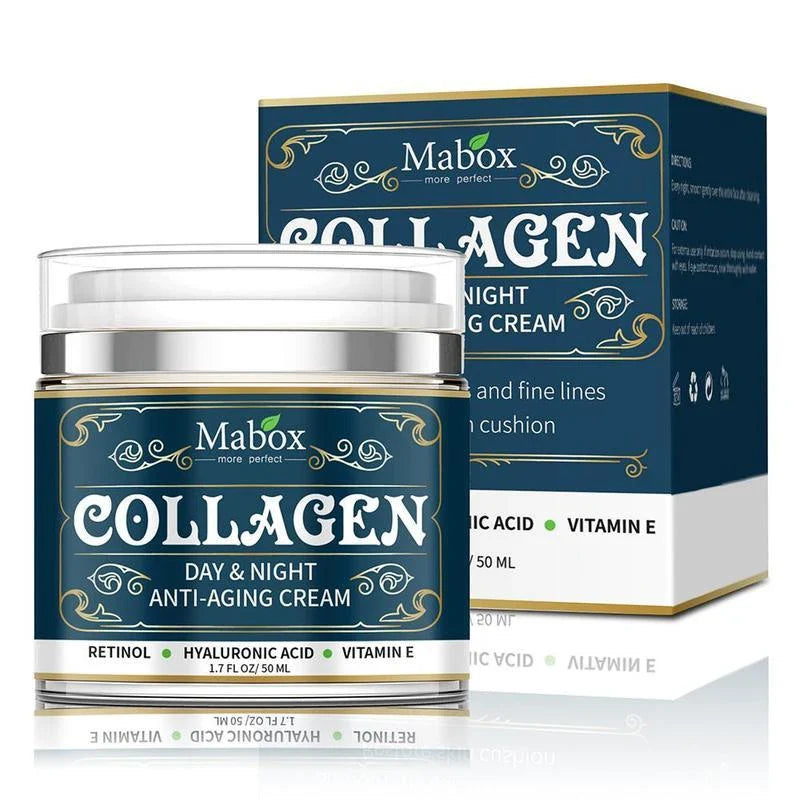 Collagen face cream in a blue container, designed to hydrate and rejuvenate the skin for a youthful, radiant appearance.