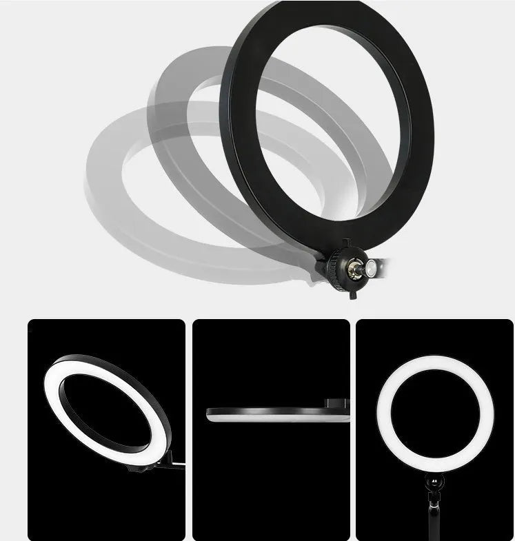 Black vertical floor stand with LED fill light holding mobile phone for filming