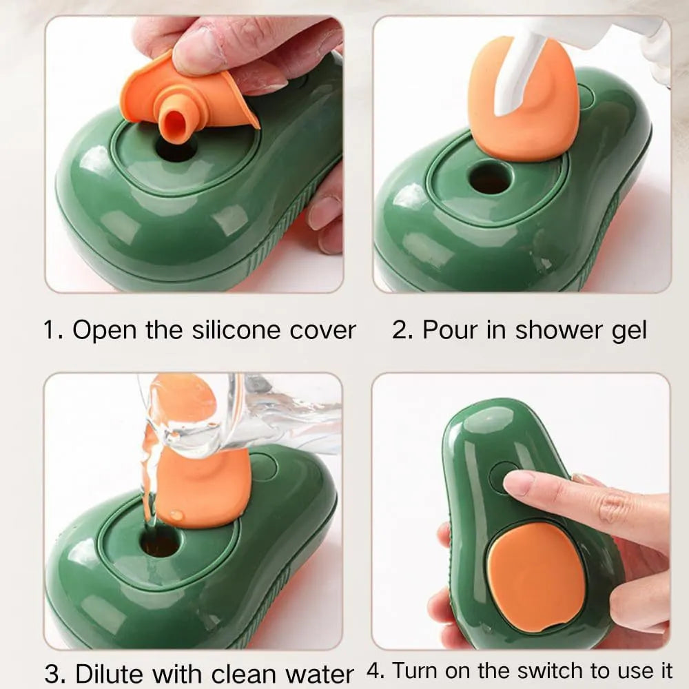 Green and white cat steam brush with silicone teeth, water spray function and compact design