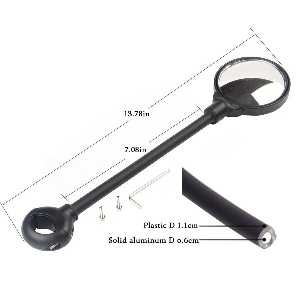 Black metal bicycle rearview mirror with hose adjustment clamp attached to handlebar