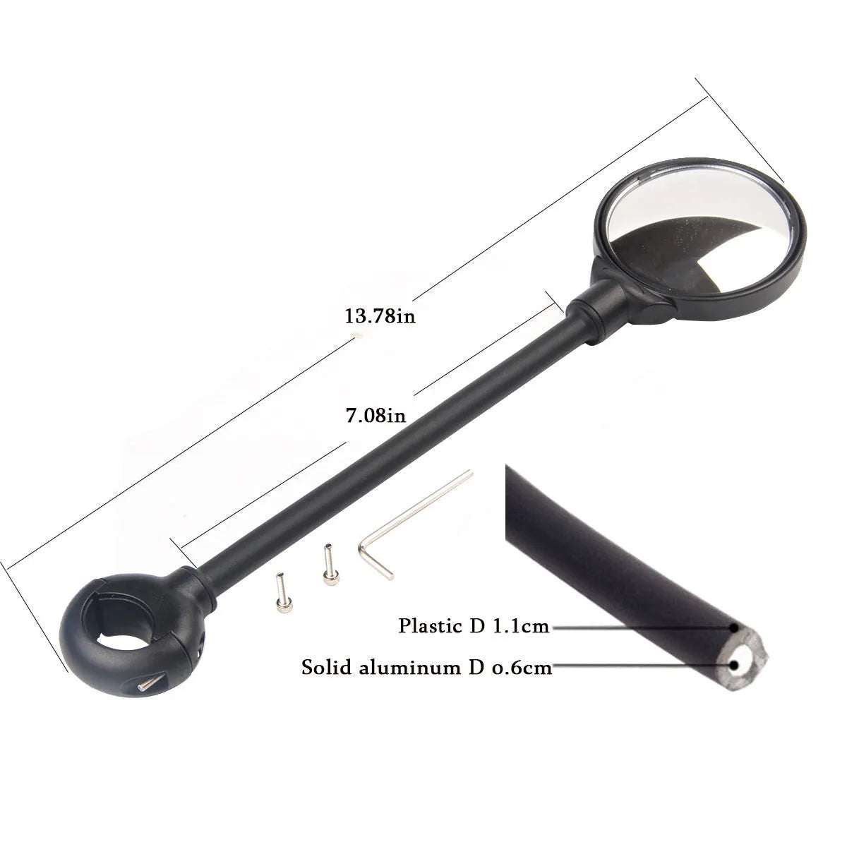 Black metal bicycle rearview mirror with hose adjustment clamp attached to handlebar
