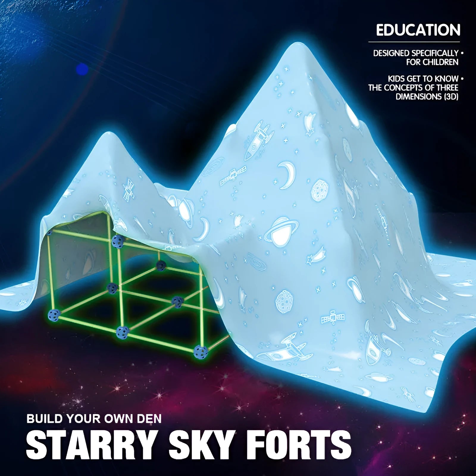 Luminous children's fort building kit with plastic rods, balls, and storage bag assembled into a play tent
