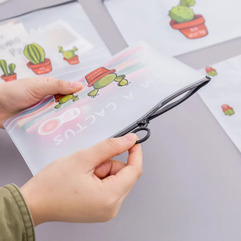 PVC pencil case 17.1 x 21.2cm with sealed design and cactus pattern for stationery and makeup storage