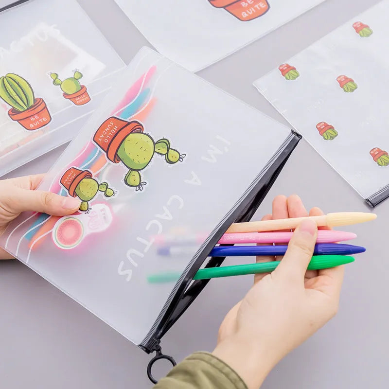 PVC pencil case 17.1 x 21.2cm with sealed design and cactus pattern for stationery and makeup storage