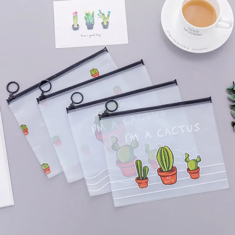PVC pencil case 17.1 x 21.2cm with sealed design and cactus pattern for stationery and makeup storage