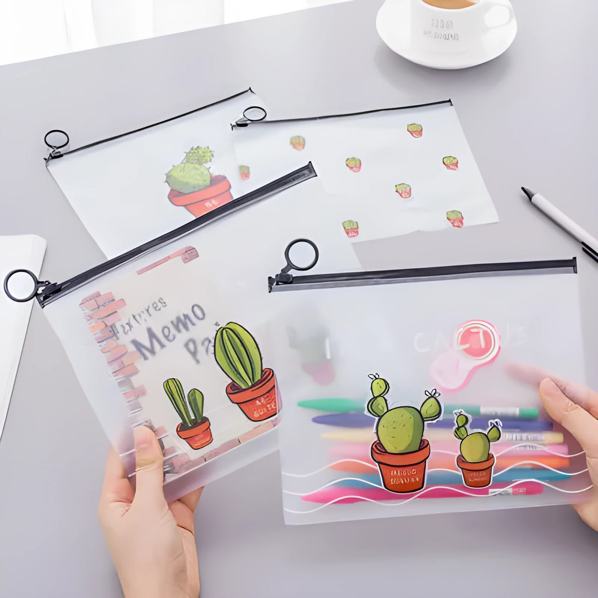 PVC pencil case 17.1 x 21.2cm with sealed design and cactus pattern for stationery and makeup storage