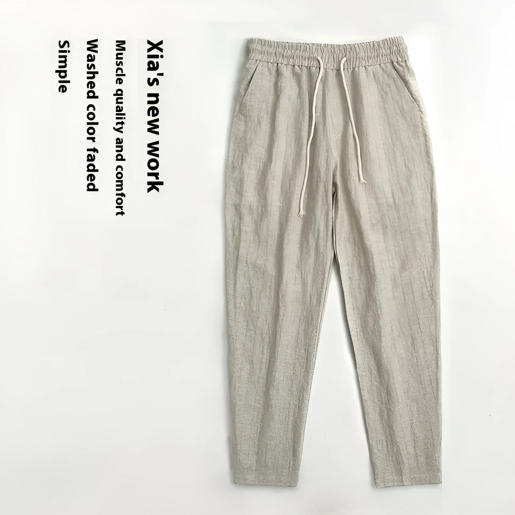 Men's striped linen summer trousers in cropped length with cotton-linen blend fabric