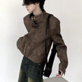 Men's retro brown PU leather short coat with tight fit and long sleeves on a plain background
